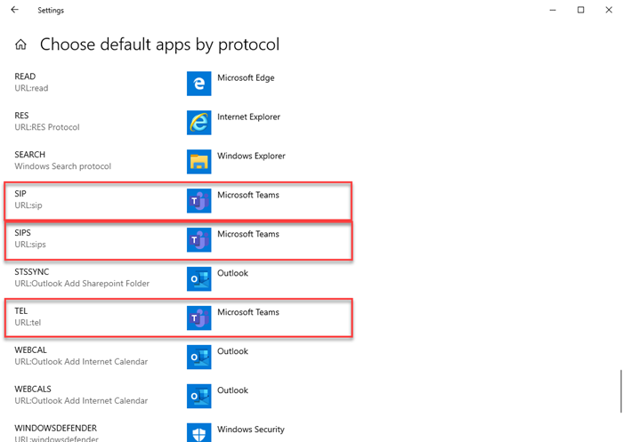 Default apps set to Microsoft Teams