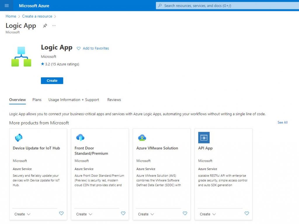 Screenshot of Azure Create Logic App