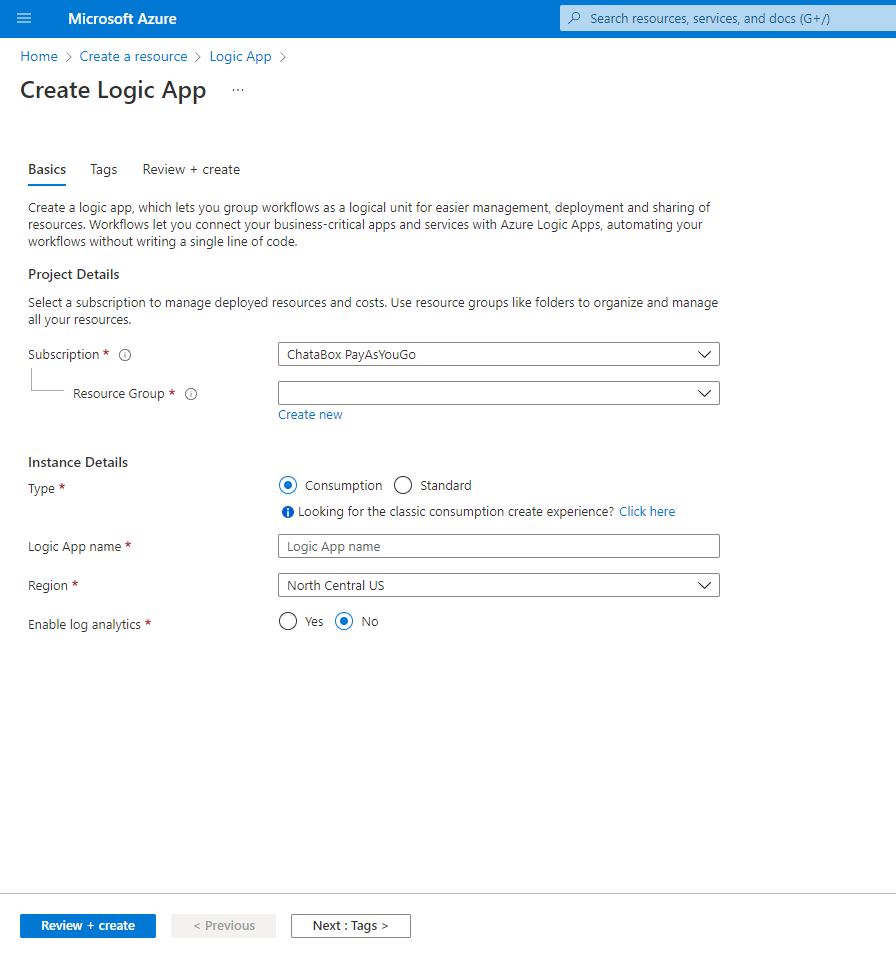 Screenshot of Azure Logic App creation page