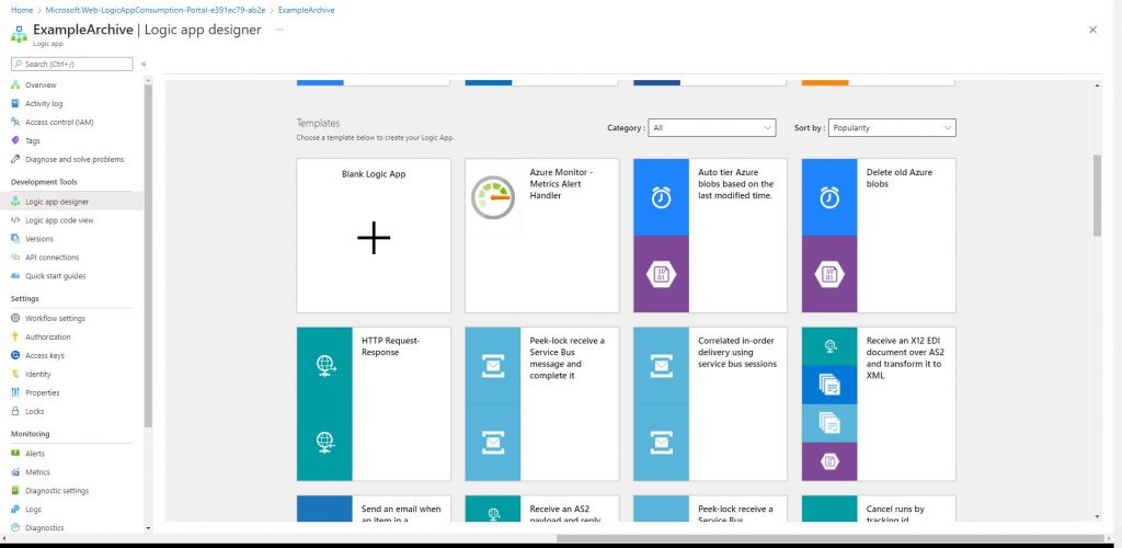 Screenshot of Azure Logic App Designer Templates