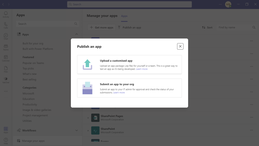 Screenshot of Teams Customized app upload